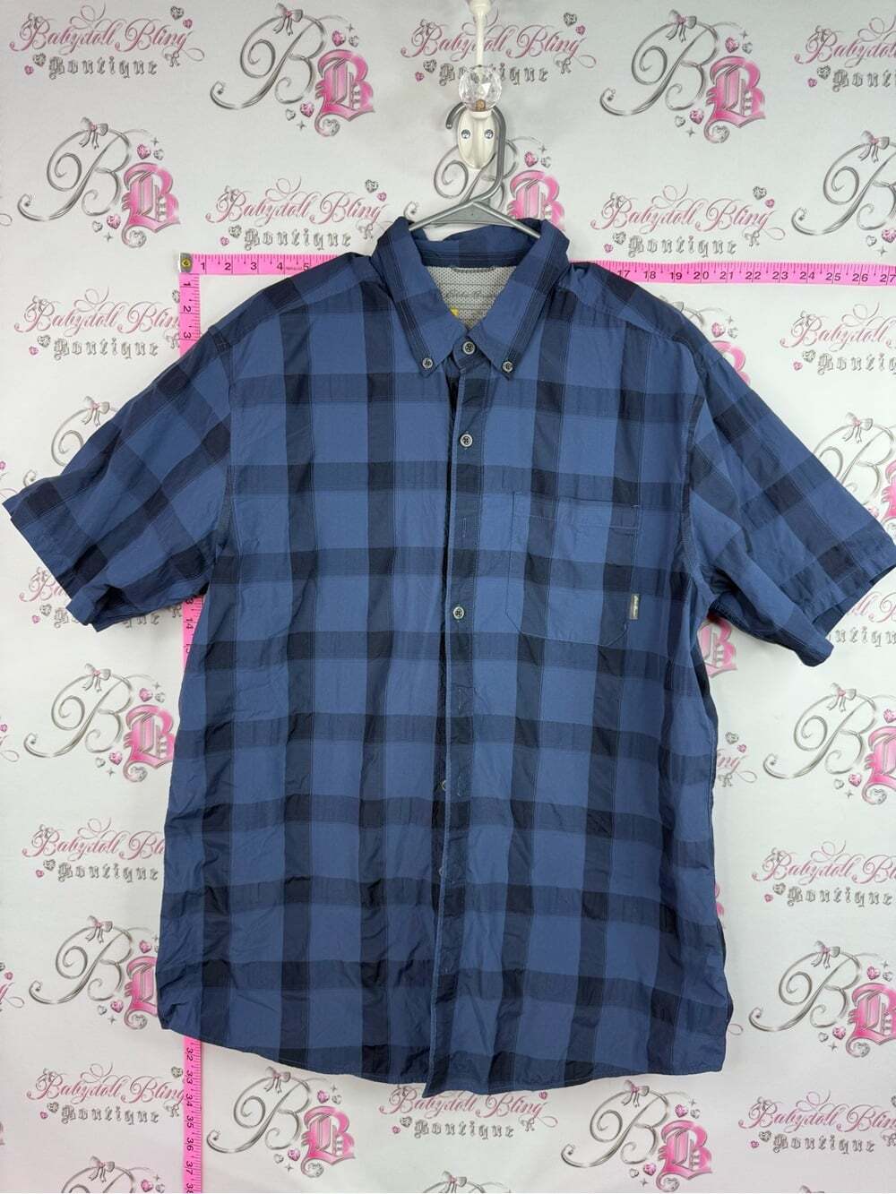 Eddie Bauer Blue and Navy Plaid Short Sleeve Button-Down Shirt